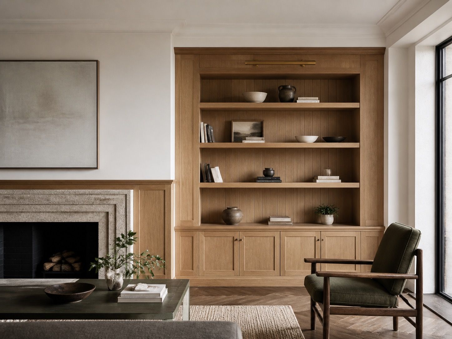 Custom wood built-in shelving and panelled living room carpentry