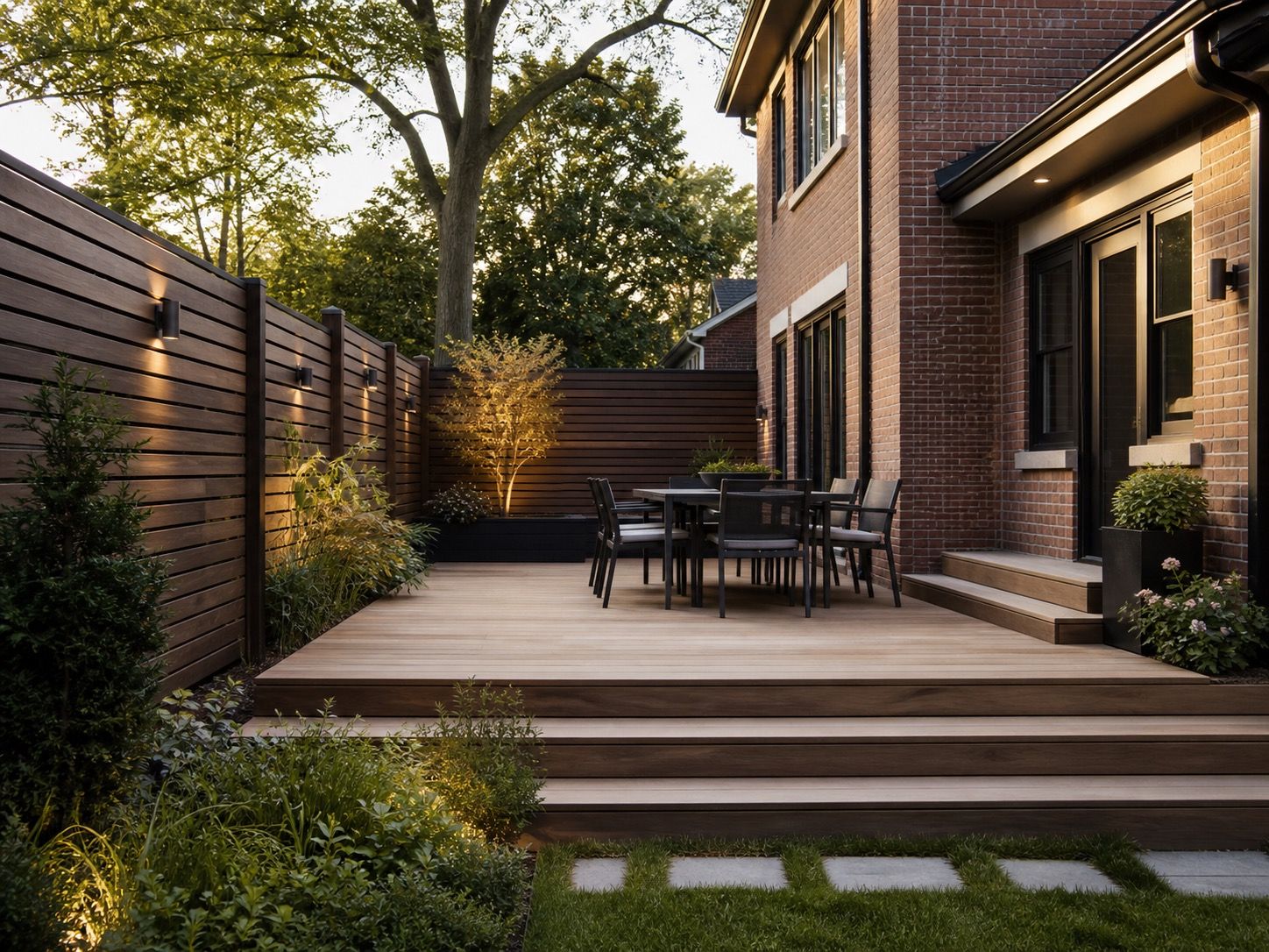 Backyard with a timber deck, horizontal fence, and planting
