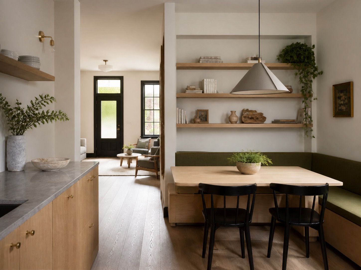Home interior with banquette seating, shelving, and warm wood cabinetry