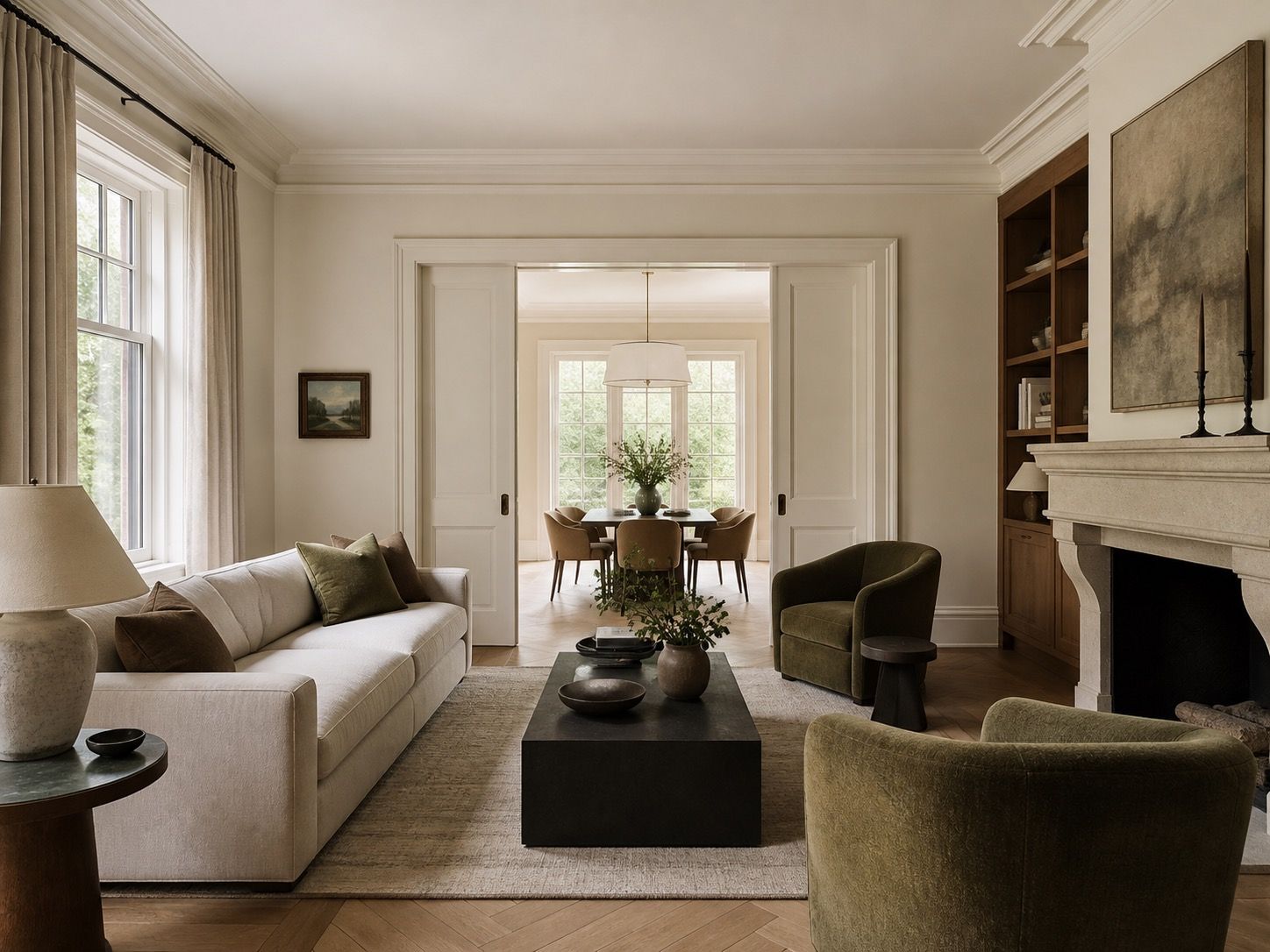 Living room with restored trim, custom built-ins, and warm timber details